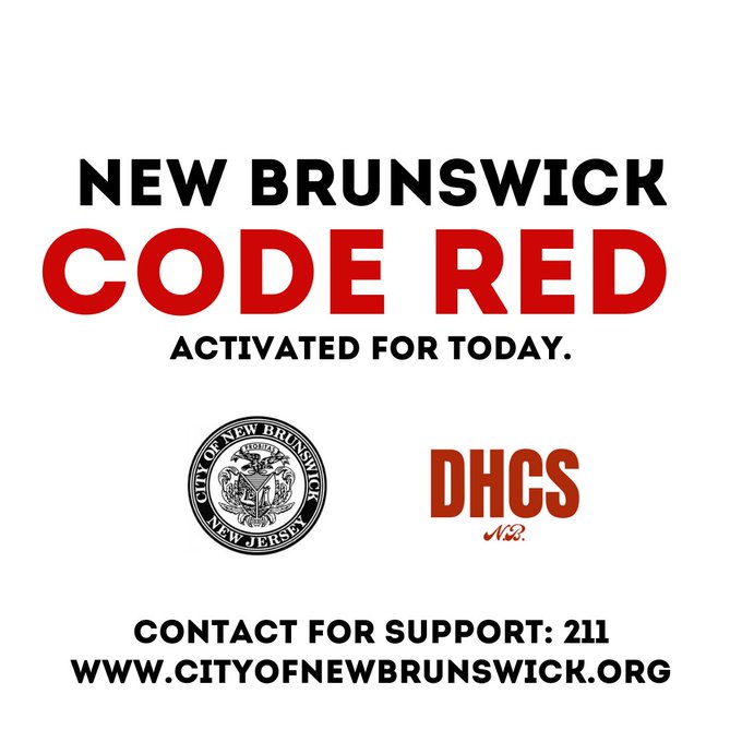 CityofNewBruns's tweet photo. A Code Red has been called for the City of New Brunswick for today, Friday, July 3. An emergency cooling center for residents who are without shelter from the heat is available from 12 noon until 8 p.m. at 6 Kirkpatrick Street. https://t.co/jhJX4NnM7i