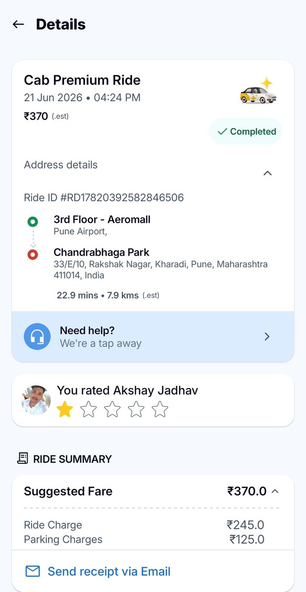 16Ishan's tweet photo. @rapidoapp_ 
I travelled from Pune airport to my place and the bill clearly showed that it included Airport parking fees of Rs.125. Yet when then ride ended the driver asked for extra Rs.125 and started threatening me when I told him its already included in the bill. https://t.co/416XhZSTm8