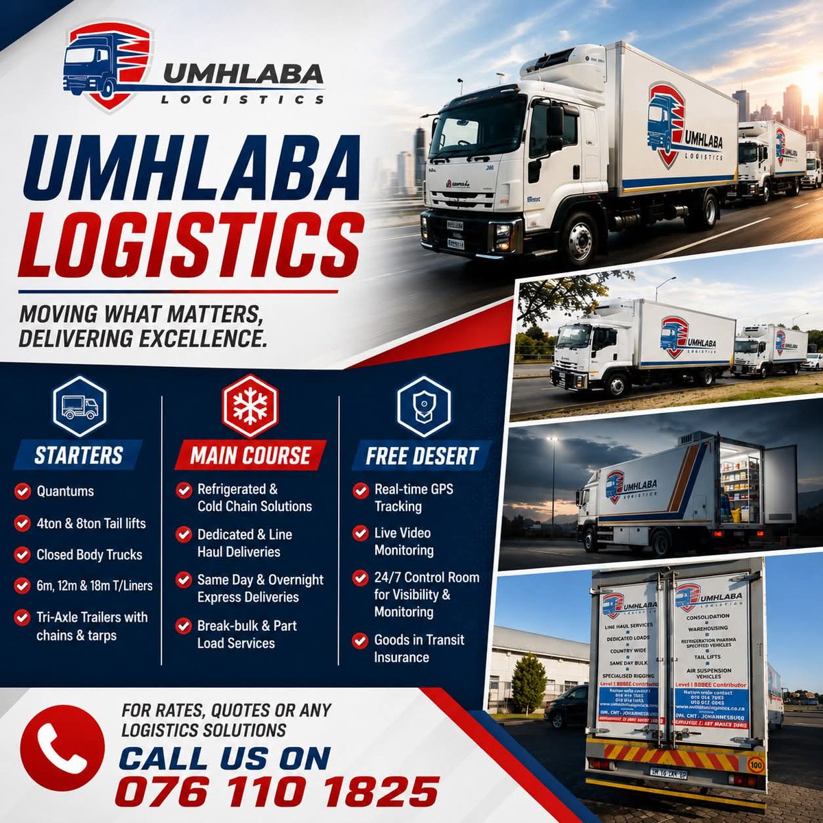 UmhlabaLogistic's tweet photo. 🚛 From dedicated deliveries and refrigerated transport to line haul and express logistics, Umhlaba Logistics delivers reliable, secure, and professional transport solutions.

📞 Call us on: 076 110 1825

#umhlabalogistics #logisticssolutions #TransportServices #Deliveries https://t.co/VcoLRTVQsP