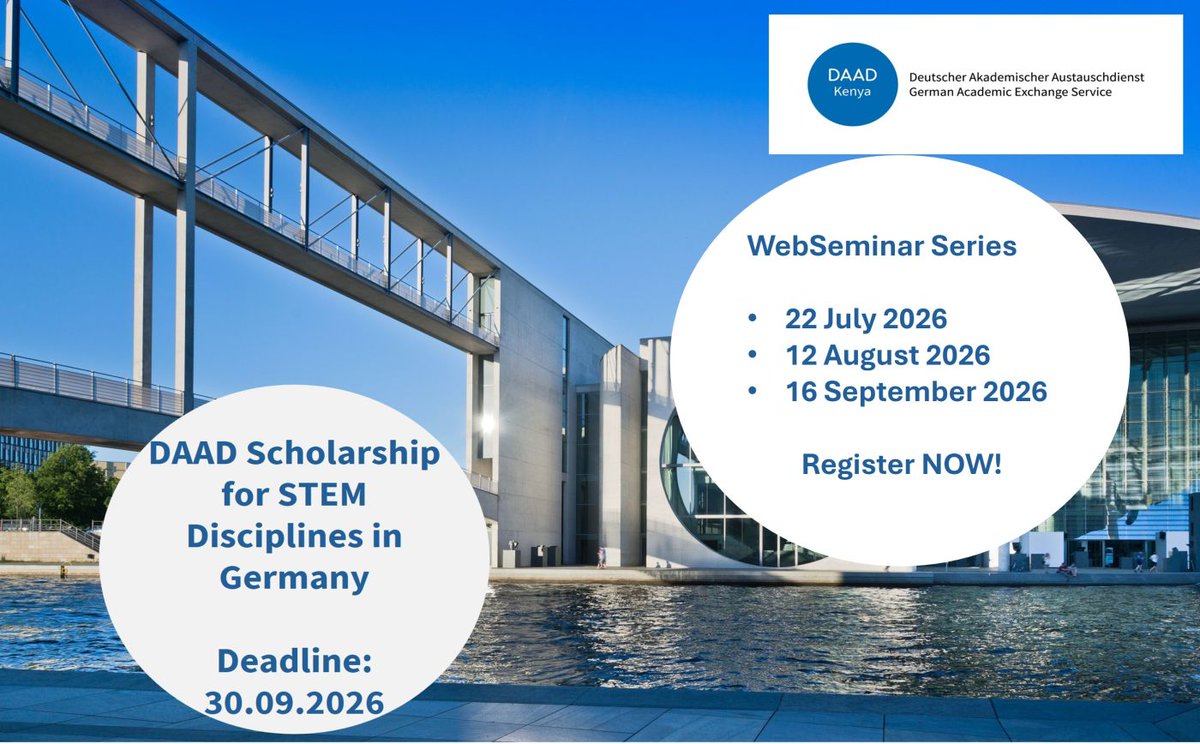 DAAD_Kenya's tweet photo. 🎓 Interested in the #DAAD STEM Master's Scholarship? Join one of our FREE webinars to learn about eligibility, participating universities, application requirements, and how to apply via the DAAD portal.
DATES: 22 Jul | 12 Aug | 16 Sep 2026
Register here: https://t.co/wLsWqz2hfU https://t.co/FVsZeiI3XH