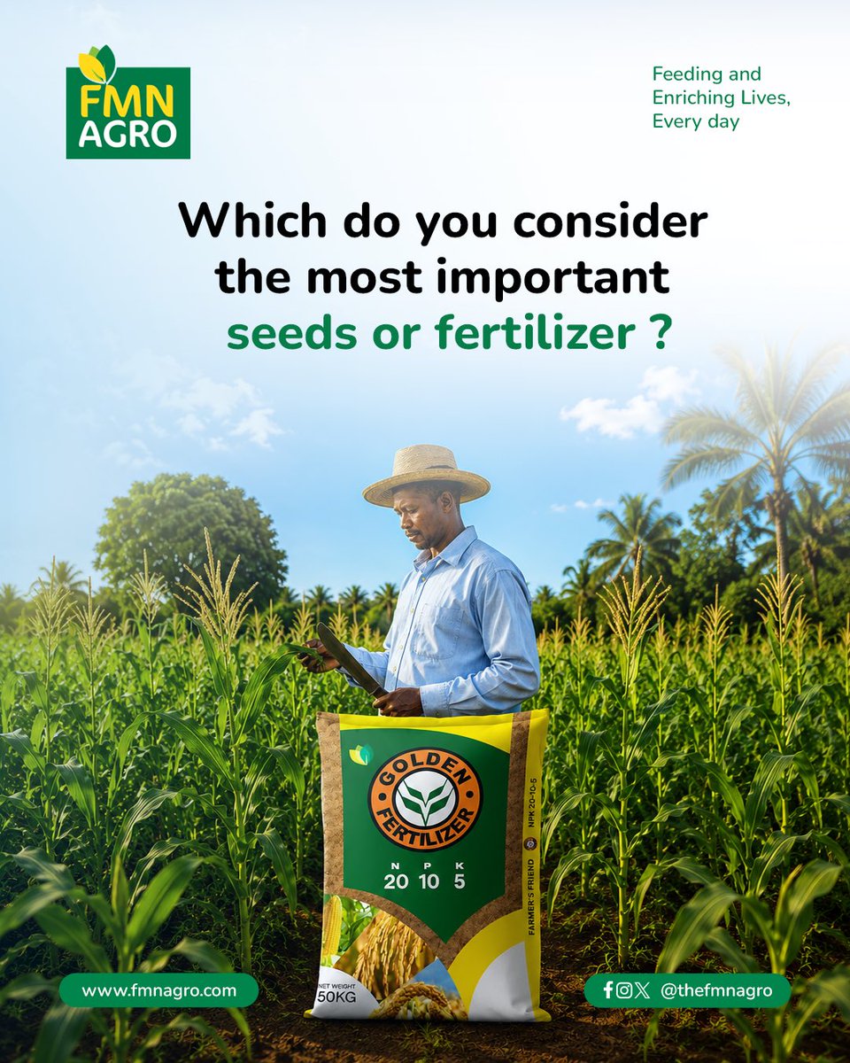 TheFMNAgro's tweet photo. Every input plays a role in farm productivity, but some have a bigger impact depending on the type of farming and the season.

If you had to choose just one, which input would you say matters most on the farm? Let’s hear from you.

#FMNAgro #Agriculture https://t.co/eZe1wymfg0