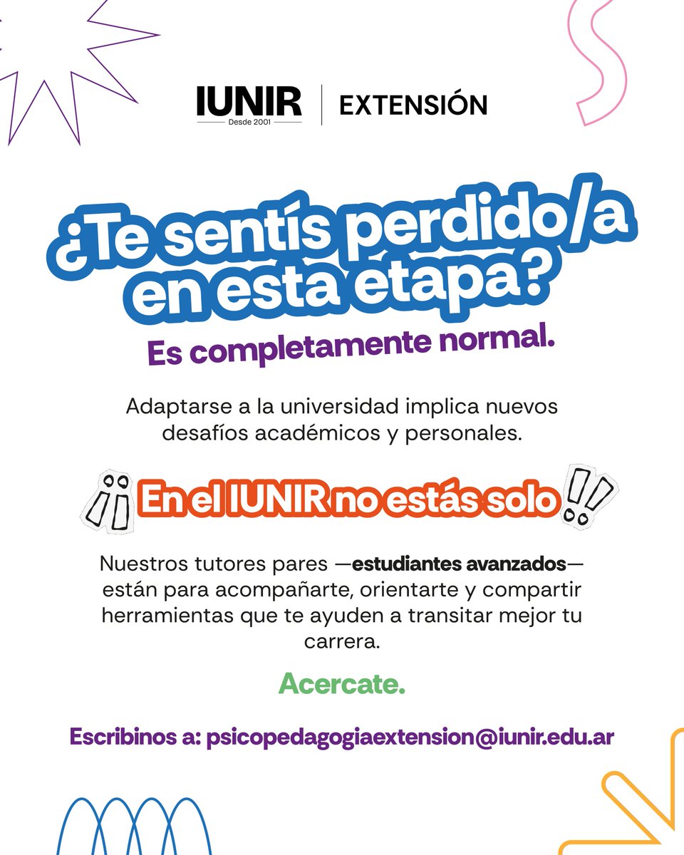 IUNIRok's tweet photo. Adaptarse a la vida universitaria no siempre es fácil.

En el IUNIR contamos con tutores pares  que están para acompañarte, orientarte y compartir herramientas 🤝📚

No estás solo/a en este proceso.
Acercate

📩 Escribinos a: psicopedagogiaextension@iunir.edu.ar https://t.co/ogRShvlnOe