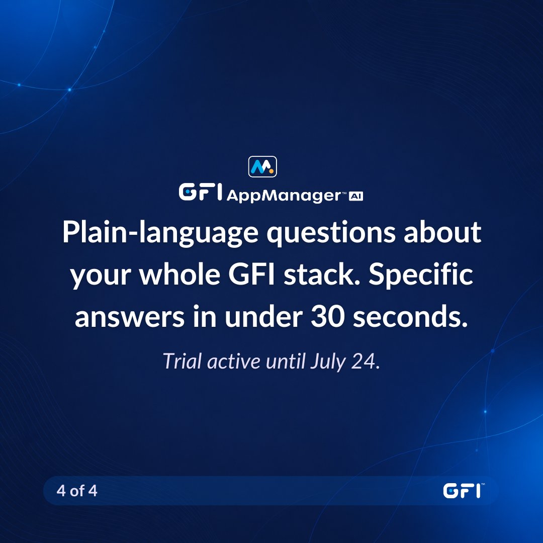 GFISoftware's tweet photo. The pattern across four GFI Software products:
You describe it in your own words. The AI does the specialist work.

GFI Archiver AI→ compliance scanning
GFI MailEssentials AI→ DLP rules
GFI Exinda AI→ network config
GFI AppManager™AI→ environment Q&amp;A

https://t.co/slOHbqstny https://t.co/d0krxeWpVr