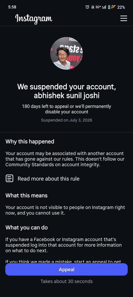 abhijoshi_0's tweet photo. Dear Team @instagram @TeamYouTube
@Meta My 4 instagram accounts has been suspended without any reason 2 accounts says your account is associated is associated with another account which is suspended and another 2 account integrity https://t.co/hSJ0409T8t