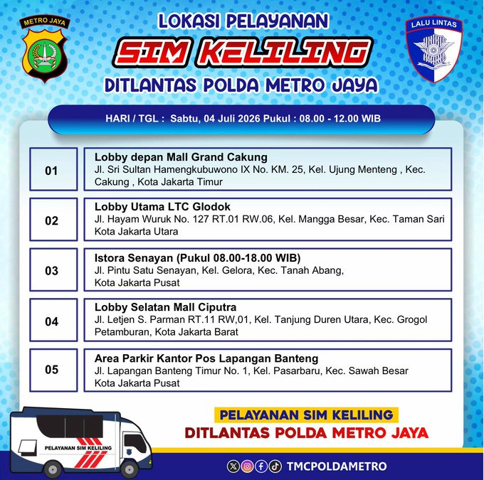 RadioElshinta's tweet photo. 20.51 Via @TMCPoldaMetro : Informasi Lokasi Pelayanan #SIMKeliling Dit Lantas Polda Metro Jaya Hari Sabtu, 04 Juli 2026. https://t.co/L0v7MUfpiY