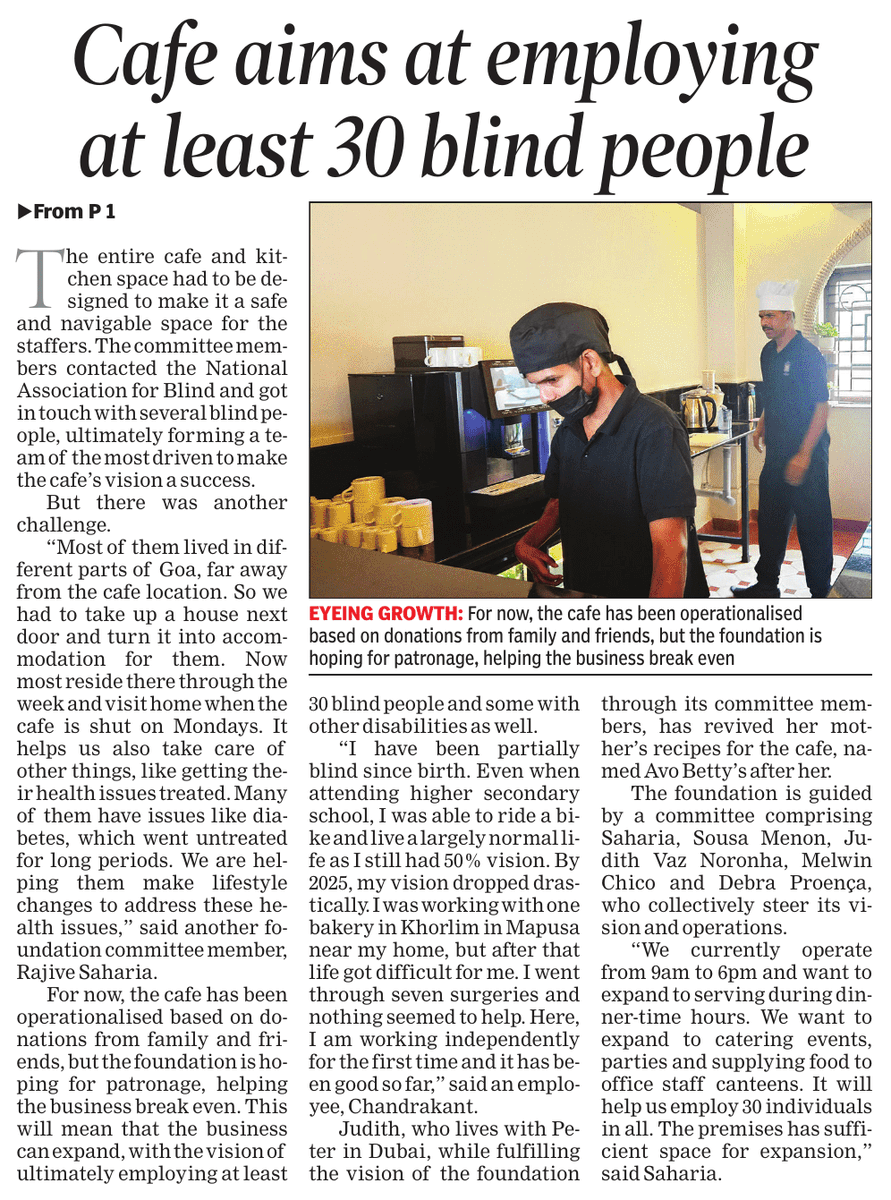 RajeshMenon70's tweet photo. Where blindness is a recipe.  At Avo Betty’s Cafe in Raia, housed in a 1908 heritage home, 10 blind hands now knead dough, brew coffee, and serve dignity. Goa’s first cafe run almost entirely by the blind brings hope and vision to people who can't see. https://t.co/npA84nZrJK