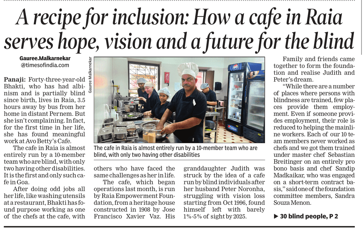 RajeshMenon70's tweet photo. Where blindness is a recipe.  At Avo Betty’s Cafe in Raia, housed in a 1908 heritage home, 10 blind hands now knead dough, brew coffee, and serve dignity. Goa’s first cafe run almost entirely by the blind brings hope and vision to people who can't see. https://t.co/npA84nZrJK