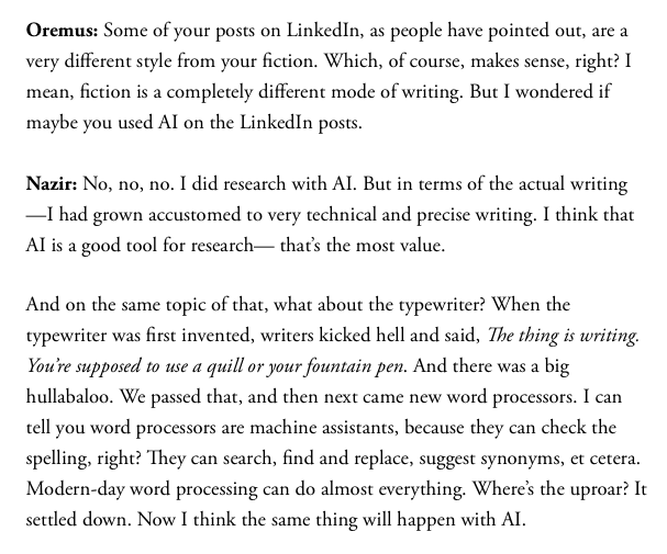 WillOremus's tweet photo. I talked to the author accused of using AI to write his prizewinning short story, "The Serpent in the Grove." 

Our conversation was.... interesting! https://t.co/U7wWm2LXaP