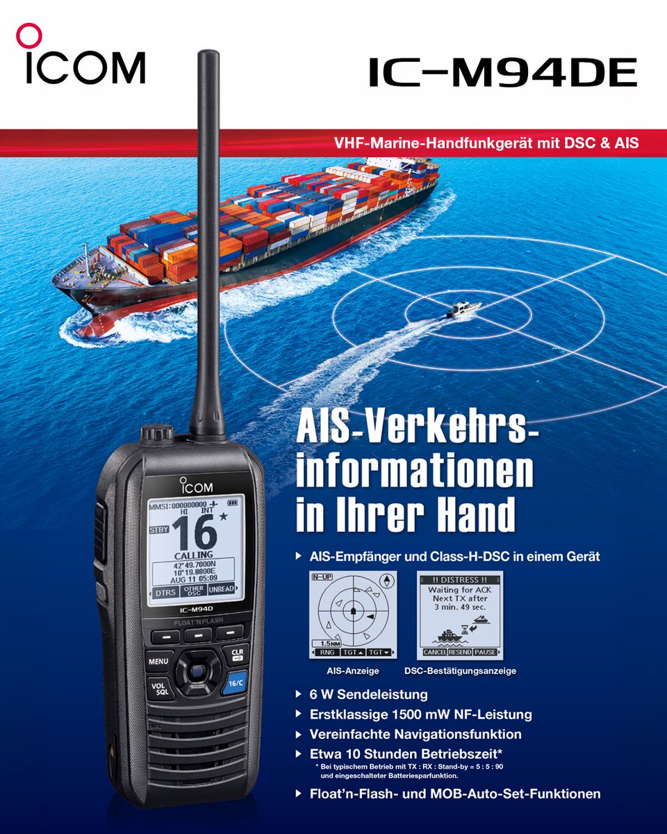 icomeurope1's tweet photo. Die Bootssaison ist da – sind Sie startklar? ⛵
Das IC-M94DE VHF-Marine-Handfunkgerät bringt AIS-Verkehrsinformationen direkt in Ihre Hand. Mit integriertem AIS-Empfänger und Class-H-DSC behalten Sie andere Schiffe in Ihrer Umgebung stets im Blick.
#icom #icomeverywhere #marine https://t.co/dXTtpoxGxf