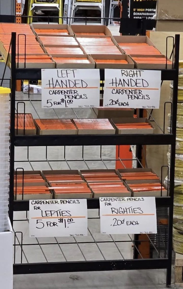 MikeBales's tweet photo. Here’s to you, Mr. Left-Handed Pencil Hustler.
You didn’t just mark down pencils.
You gave every southpaw in the store a patriotic discount and told righties to pay retail like the oppressors they are.
Same pencil. Different signage. Maximum chaos.
Mr. Left-Handed Pencil Hustler… you are a genius.