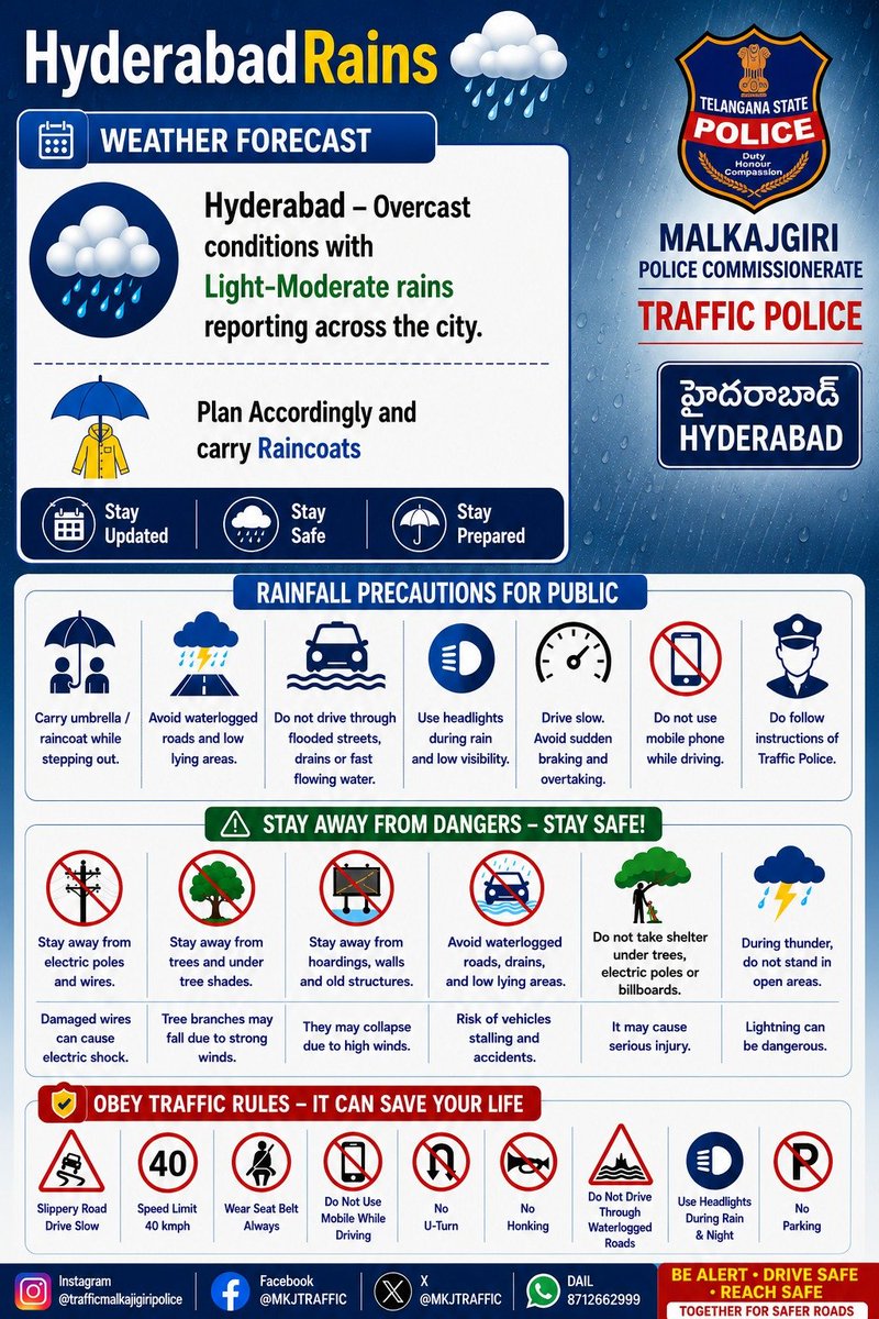 MKJTRAFFIC's tweet photo. 🌧️HEADING OUT IN HYDERABAD PLAN AHEAD AND STAY SAFE!

#monsooncare #safedriving #hyderabadtraffic #rainalert #rainshower #malkajgiripolice https://t.co/XU6b0kIHQA