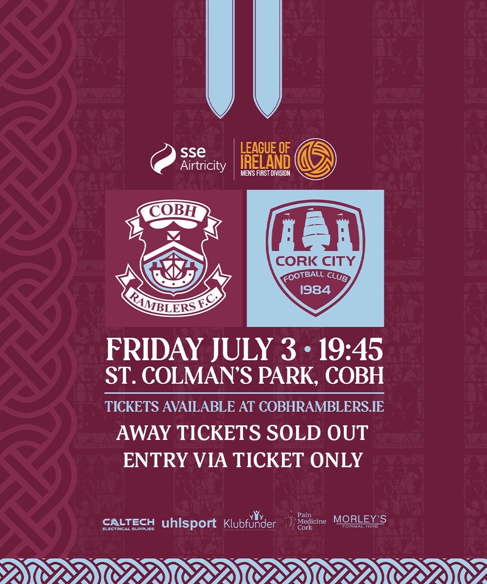 CobhRamblersFC's tweet photo. We can confirm that the away allocation for tonightโs game against Cork City has been sold out. Entry to the away section will be by pre-purchase tickets only and no tickets will be available on the gate.
#UpTheRams https://t.co/XKKTh88xMu