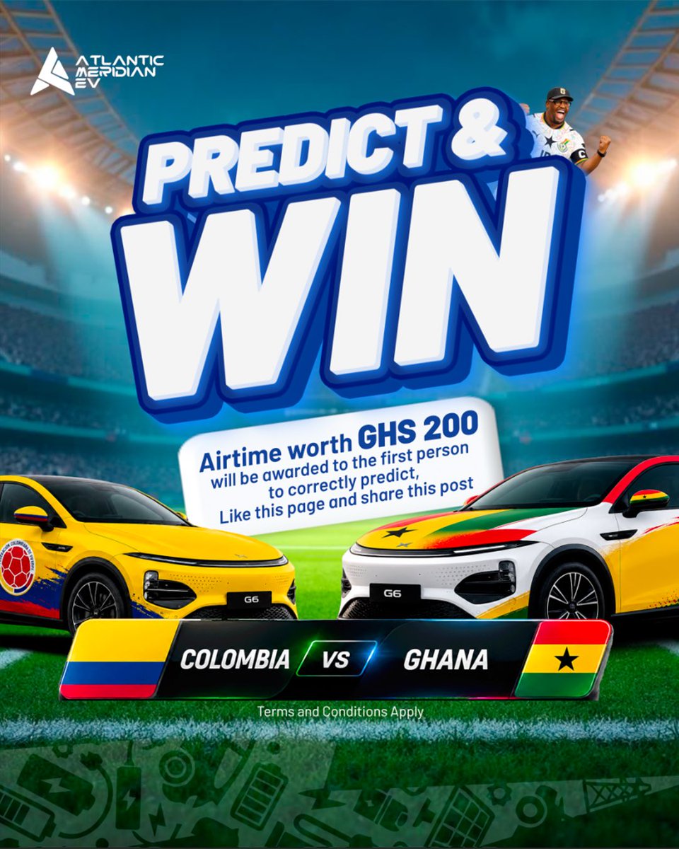 Atlantic_EV's tweet photo. 🇨🇴 Colombia 🆚 Ghana 🇬🇭 — Who takes the win? ⚽🔥
Predict the correct final score in the comments for a chance to WIN GHS 200 worth of airtime! 🎉📱
To qualify:
✅ Follow our page
✅ Like this post
✅ Share this post
✅ Comment your predicted score

The first person to correctly predict the final score wins!

#ghana #PredictionChallenge #AMEV