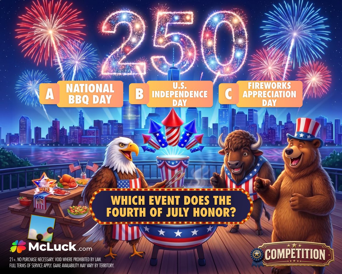 McLuckOfficial's tweet photo. You could win GC 80,000 + FREE SC 40 in this game trivia. 🎁​

Share the reason we celebrate the Fourth of July to be 1 of 45 selected.

Comment your answer + #LuckCompetition to enter on #McLuck.

Ends July 6, 11:59 PM PT.

Spin. Win. Repeat. 🍀

Play Now! LINK IN BIO! 📲 https://t.co/OU42f3ycjr