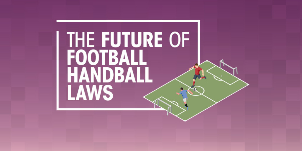 Illustration of two players on a small football handball pitch with text about the future of football handball laws.