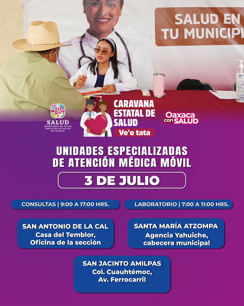 SSO_GobOax's tweet photo. 🩺 La prevención comienza con una atención oportuna.

Si las Unidades Móviles de la Caravana Estatal de Salud #VeeTata visitan tu comunidad, aprovecha sus servicios gratuitos y acude a revisión.

Por un #OaxacaConSalud, la prevención es primero. https://t.co/pFxXbfreHO