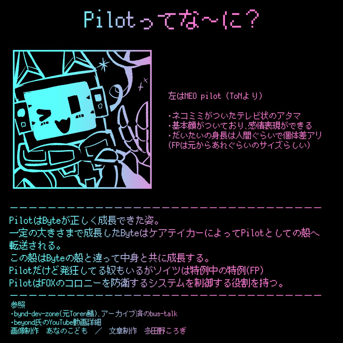 krg_VRCPC's tweet photo. ToNやSotSにも登場するByte,Convict,Pilot,Kimeraについて、公開されている情報を軽くまとめた文章を作成し、画像にしてもらいました！
彼らの事を知りたい時はこちらを参照するとパッと分かりやすいかと思います✨ https://t.co/q6ZMH7GQLp