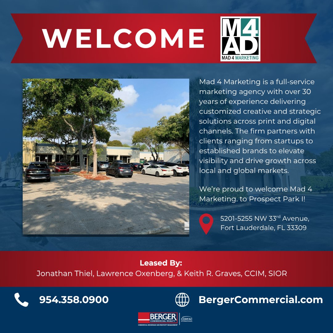 BergerComm's tweet photo. A New Chapter of Creativity at Prospect Park I

We're proud to welcome Mad 4 Marketing to Prospect Park I. With 30+ years of experience, they deliver creative and strategic marketing solutions across print and digital channels.

For leasing opportunities, contact us today! https://t.co/GwirVpVQ3t