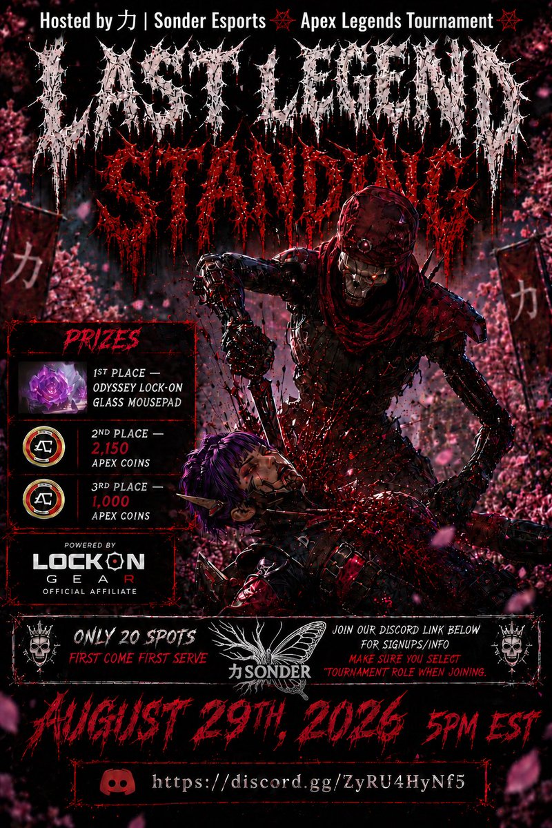 sonder__esports's tweet photo. ✨LAST LEGEND STANDING TOURNAMENT✨

Join 力 | Sonder Esports on August 29 • 5:00 PM EST for our Apex Legends Solo Tournament. Battle through 3 custom matches, earn the highest total damage, and compete for prizes!

🔗 Join our Discord for details: https://t.co/EgKWbnPei1

#apex https://t.co/FJP8SbE7Mg