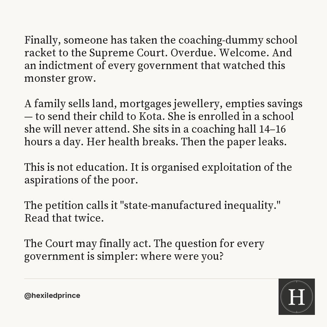 hexiledprince's tweet photo. Families mortgage their land and dignity to send children to Kota. The coaching industry profits from their desperation with zero accountability. This Supreme Court plea is overdue — but the real… https://t.co/nkOAix1vLZ