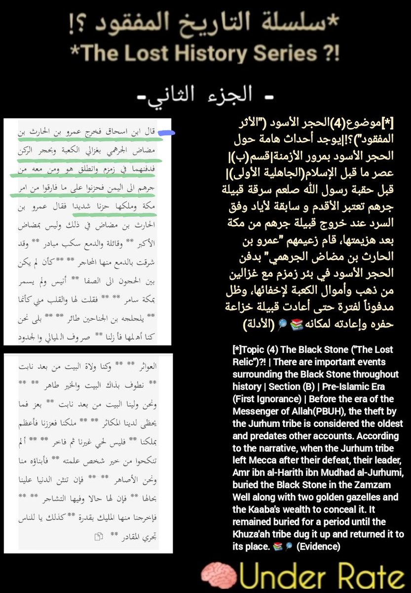 ii_UnderRate's tweet photo. 🟨سلسلة التاريخ المفقود؟!|الجزء الثاني|موضوع(4)الحجر الأسود("الأثر المفقود")؟!|أحداث حول الحجر الأسود بمرور الأزمنة|قسم(ب)|عصر ما قبل الإسلام(الجاهلية الأولى)|قبل حقبة صلعم قامت جرهم بدفن الحجرالأسود في بئر زمزم مع غزالين من ذهب وأموال الكعبة   حتى أعادته خزاعة؟!🔎📚(الأدلة)🤔👇 https://t.co/zhLi6LdVY1