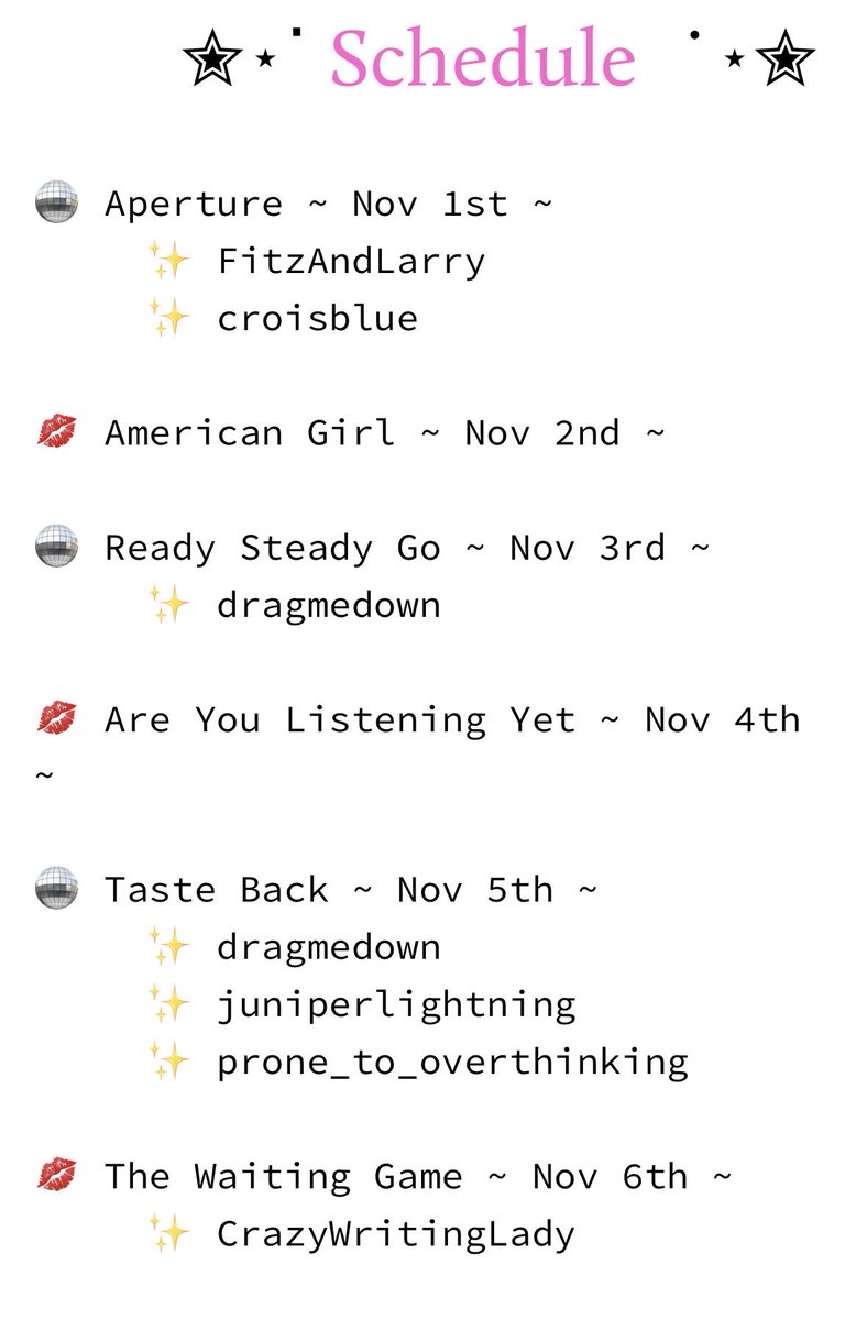 LarryFFJournal's tweet photo. 💋 Updated schedule 🪩 

💋 Aperture - @FitzAndLarry &amp; croisblue

🪩 Ready Steady Go - dragmedown

💋 Taste Back - dragmedown, prone_to_overthinking &amp; @JenLeclerc 

🪩 The Waiting Game - @Crazywritinglas
💋 Season 2 Weight Loss - @beamyK112 

🪩 Pop - @paradise_igc

JOIN US TOO! https://t.co/xDwuAvsjSZ