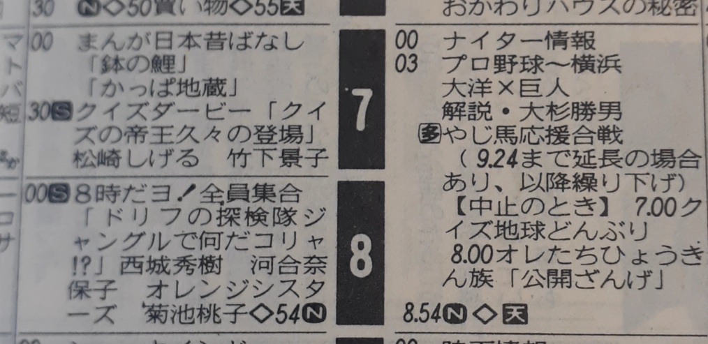 kinekoV's tweet photo. 「8時だョ！全員集合」停電事件の日(1984年6月16日)のテレビ欄。ひょうきん族派だった自分もナイターで放送休止だったので見た覚えはあります。なので案外全員集合を見ていた人は多かったのでは？2枚目は翌日の停電事件の記事、欄外のはみ出し記事みたいな扱いされていたのは意外でした… https://t.co/ZbLkHJ4hwS