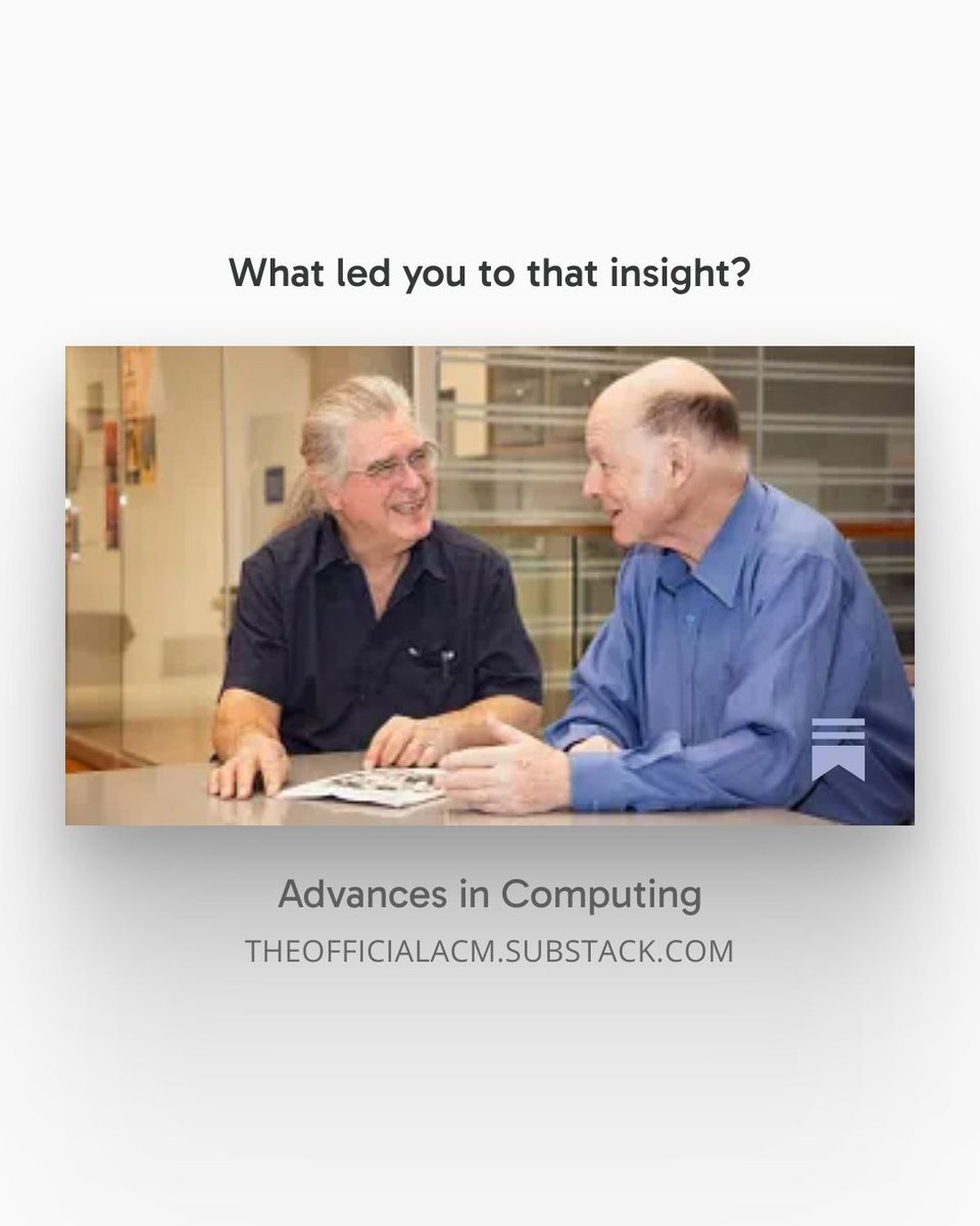 TheOfficialACM's tweet photo. "Even when you write a paper about a pretty obviously significant theoretical idea, people don’t take you seriously until you build it and do an experiment."

What's in our latest edition of #AdvancesInComputing:
- the much-anticipated conversation with the 2025 #ACMTuringAward recipients;
- A.I. for software engineering;
- exploring the relationship between technology, joy, and justice
& more.

Grab a copy via #Substack📜 : https://t.co/nTus0za8fZ