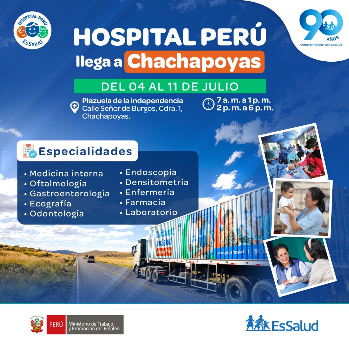 EsSaludPeru's tweet photo. 🏥 ¡Recorremos el país para cuidar la salud de todos nuestros asegurados! 

Del 4 al 11 de julio, el #HospitalPerú brindará más de 4,100 atenciones especializadas para nuestros asegurados, con consultas en medicina interna, oftalmología, gastroenterología, ecografía, laboratorio y más; con el objetivo de fortalecer la atención médica en la región Amazonas, acercando salud especializada a quienes más lo necesitan.

📍 Acércate a la Plazuela de la Independencia (Calle Señor de Burgos, Cdra. 1) en el horario de 7:00 a.m. a 1:00 p.m. y de 2:00 p.m. a 6:00 p.m. 

🌐Más información aquí:👇🏽
https://t.co/nHryiIZa2b

#OrgulloEsSalud #MédicosEsSalud #HospitalItinerante