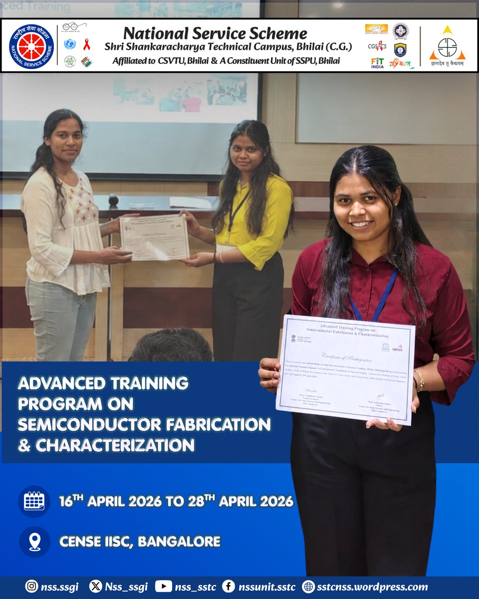 Nss_ssgi's tweet photo. Jai Hind 🇮🇳
#HeartiestCongratulations to Lelushi Barley on successfully completing the Advanced Training Program on Semiconductor Fabrication & Characterization at the Centre for Nano Science and Engineering (CeNSE), Indian Institute of Science (#IISc), Bengaluru.
@_NSSIndia https://t.co/PZ7RBAQH3y