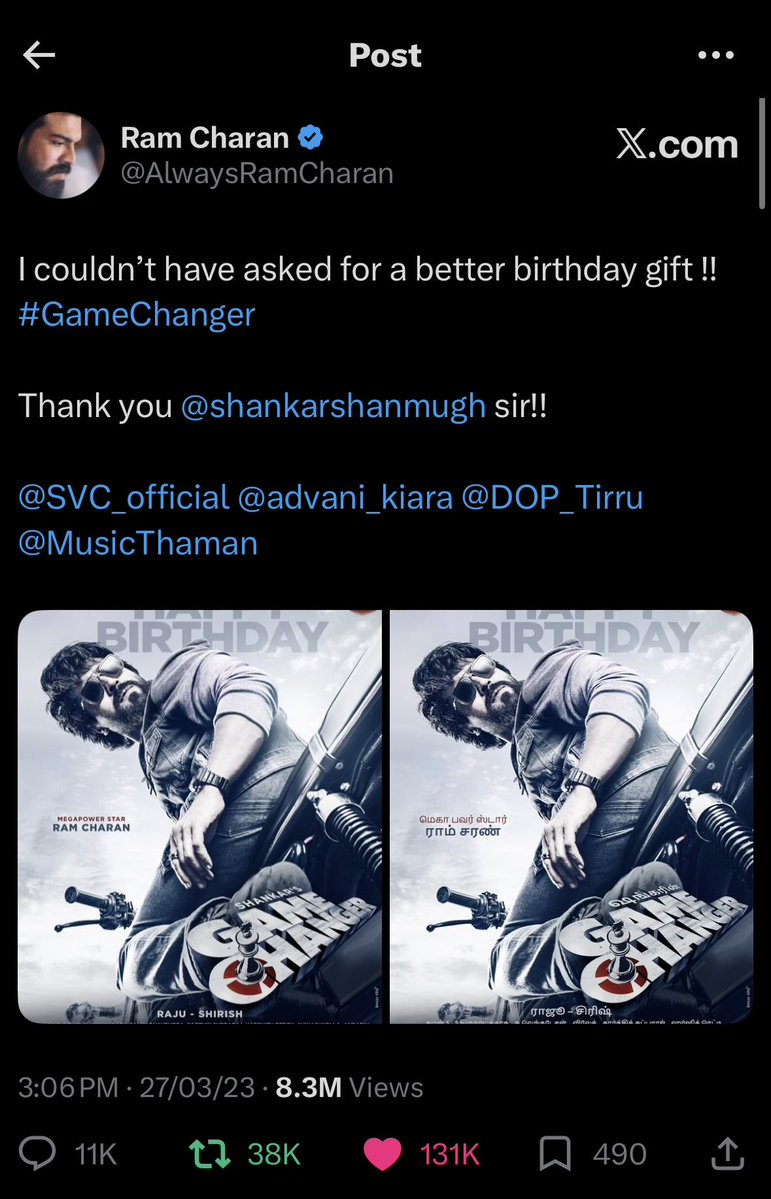 ComeBackCharan's tweet photo. 2023 lone 8.6M 
What a Man @AlwaysRamCharan 
Golden Phase 🫠🫠 https://t.co/xGSEHqNv5y