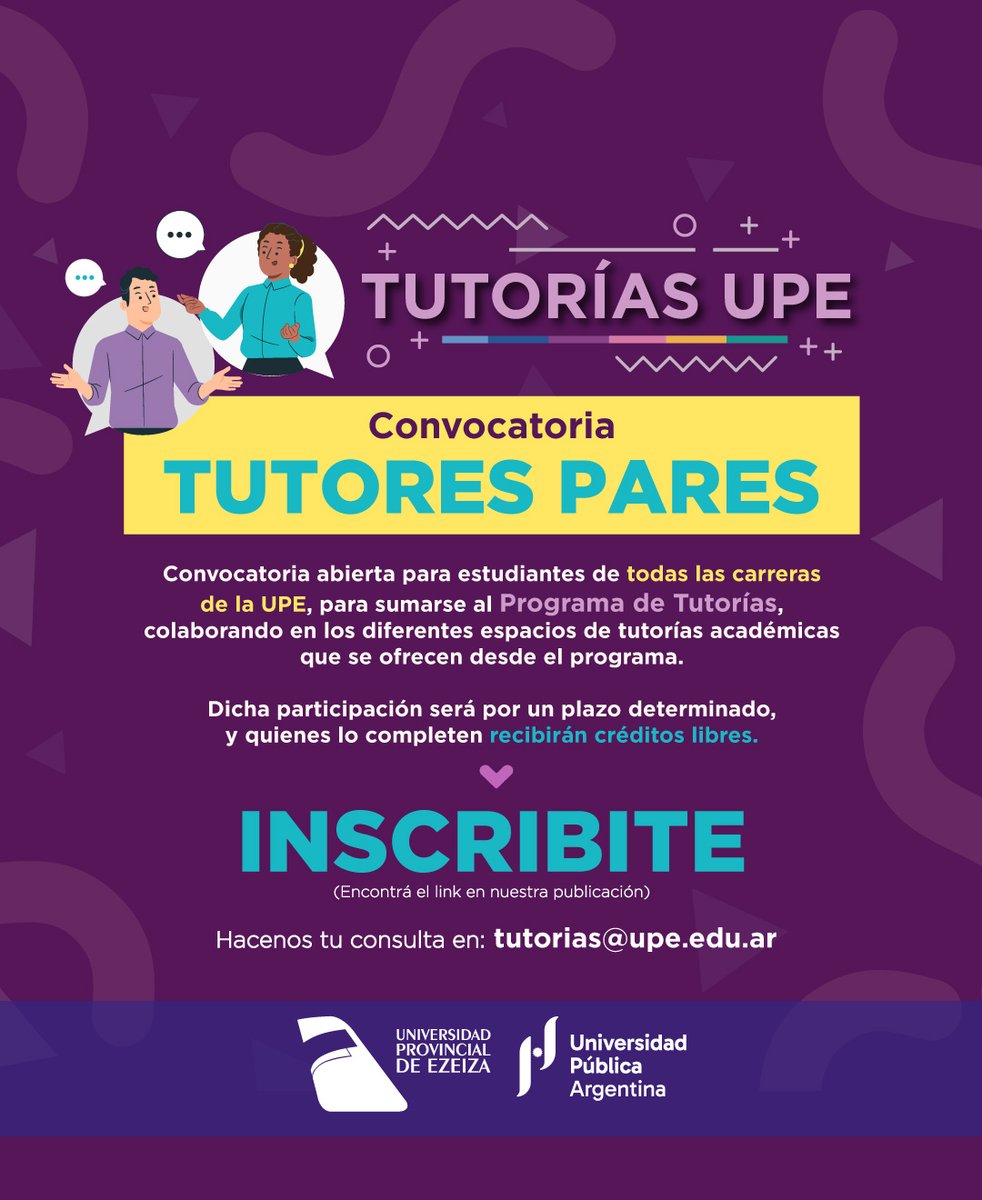 UPE_Ezeiza's tweet photo. ¡Convocatoria abierta para Tutores Pares UPE!

¿Querés acompañar a otros estudiantes en su trayectoria universitaria y sumar una experiencia enriquecedora? https://t.co/Un1VWXmpI2