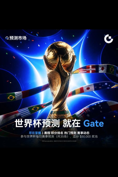 BTC20w's tweet photo. ⚽ 世界杯预测，就在 Gate #GatePolymarket！

   现在只要有朋友说 ： 今天买球买哪个，我就打开gate跟着下一注玩玩，这样看球赛能有点参与感！

在gate，可以一站式看赛程、积分榜、热门预测和实时动态，从小组赛到决赛，每一场焦点战都能让你尽情下判断！

🔹 每日焦点赛事预测挑战，紧跟赛程实时开战  
🔹 冲榜瓜分世界杯主题大奖池  
🔹 赛程、积分、预测、动态一键掌握  

谁能举起大力神杯？让你的判断说了算！🏆

👉 立即预测：https://t.co/WTRbLJFtSJ