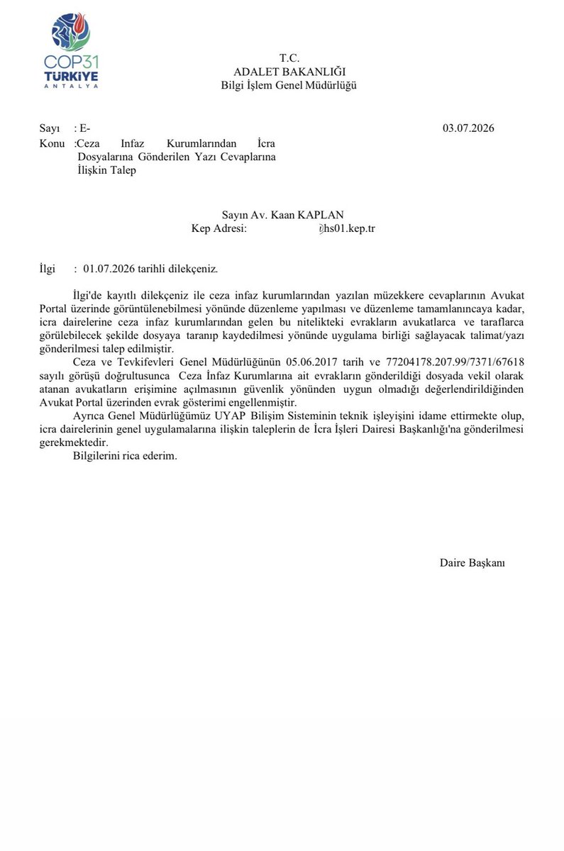 avkaankaplan's tweet photo. Önceki gün yaptığım başvuruya aşağıdaki cevap verildi. Ceza İnfaz Kurumlarına ait evrakların dosya vekilinin erişimine açılması güvenlik yönünden uygun değilmiş. Diğer başvuruları da yaptım, sürecin takipçisi olacağım. Ancak: 

Tebliğ mazbatasının ya da borçlunun vasi bilgilerinin alacaklı vekilince UYAP üzerinden doğrudan görülmesi nasıl bir güvenlik ihlalidir? 

@adalet_bakanlik avukatı ne sanmaktadır?