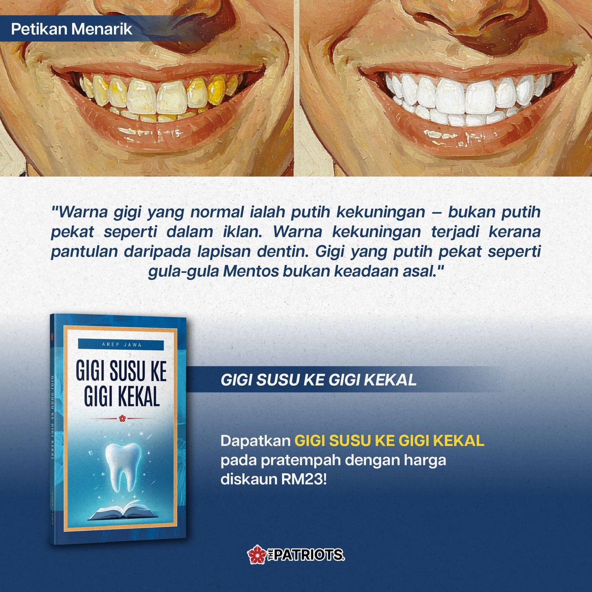 ArepJawa's tweet photo. Semoga perkongsian ini bermanfaat. Kalau rasa ada orang lain yang patut tahu, jemput kongsikan juga. 😊 

Jangan lupa dapatkan naskah “Gigi Susu ke Gigi Kekal” untuk dapatkan pembacaan lebih banyak berkenaan pergigian.

https://t.co/UeP95d44W1 https://t.co/iU9WLcdTfO