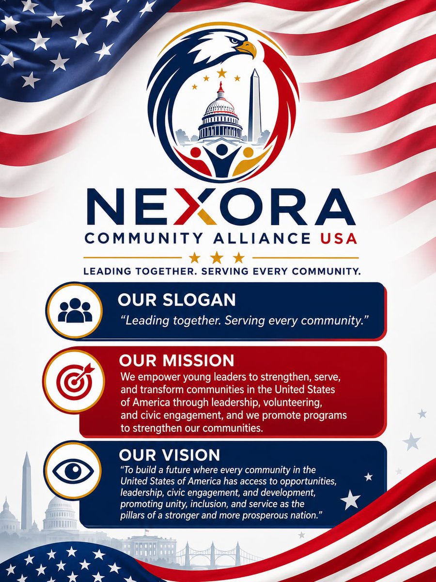 NCommunityUSA's tweet photo. Together we lead. Together we serve. NEXORA Community Alliance USA empowers young leaders through leadership, volunteerism, civic engagement, and community service. Building stronger, united, and more inclusive communities for a brighter future across the United States 🇺🇸. https://t.co/KF2N2E4814
