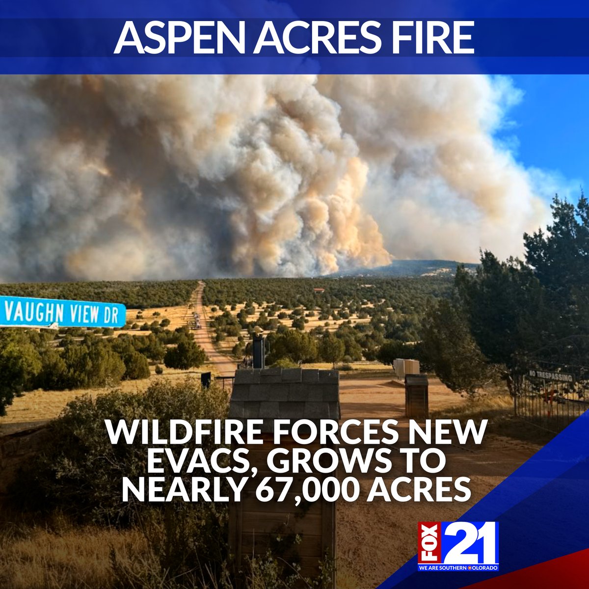 FOX21News's tweet photo. The Aspen Acres Fire has grown to 66,896 acres with 0% containment, prompting new mandatory evacuations overnight. The fire now ranks among the 10 largest wildfires in Colorado's history. https://t.co/JqAJdbFqa7