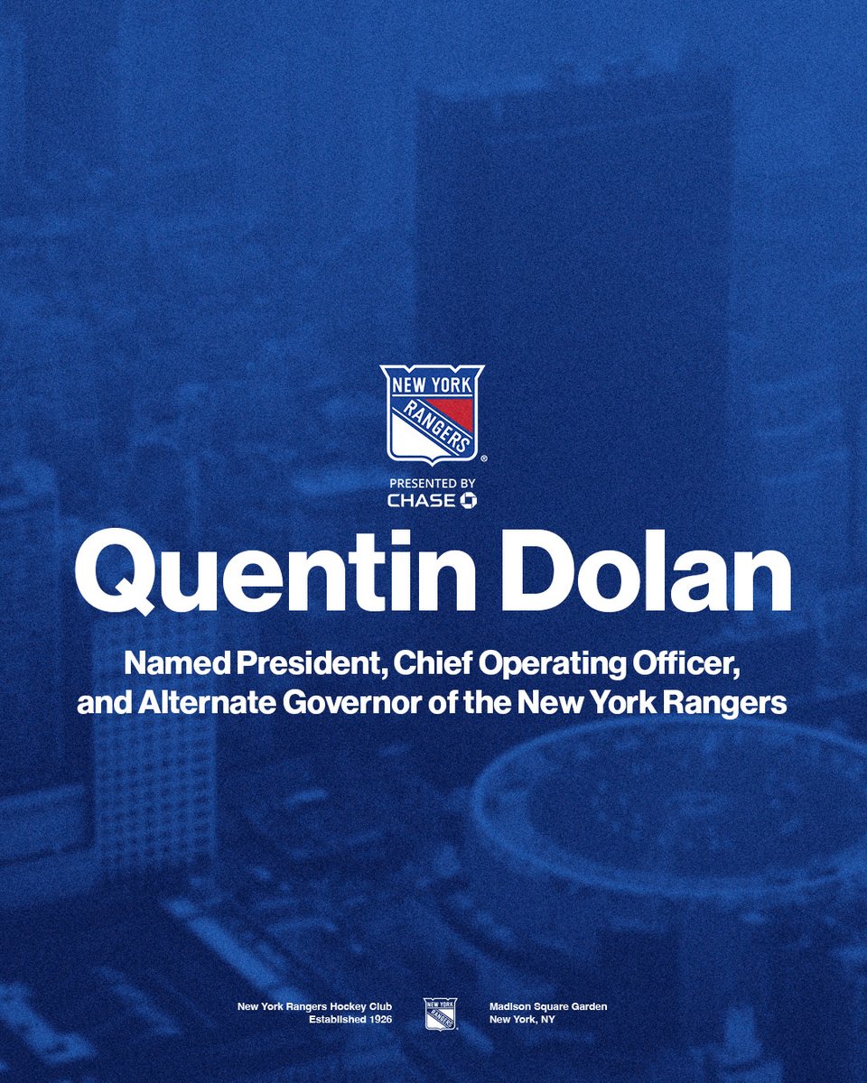 NYRangers's tweet photo. Quentin Dolan has been named President, Chief Operating Officer, and Alternate Governor of the New York Rangers.

Full Press Release → https://t.co/D5XNXYg7tL https://t.co/lNKwum14dr