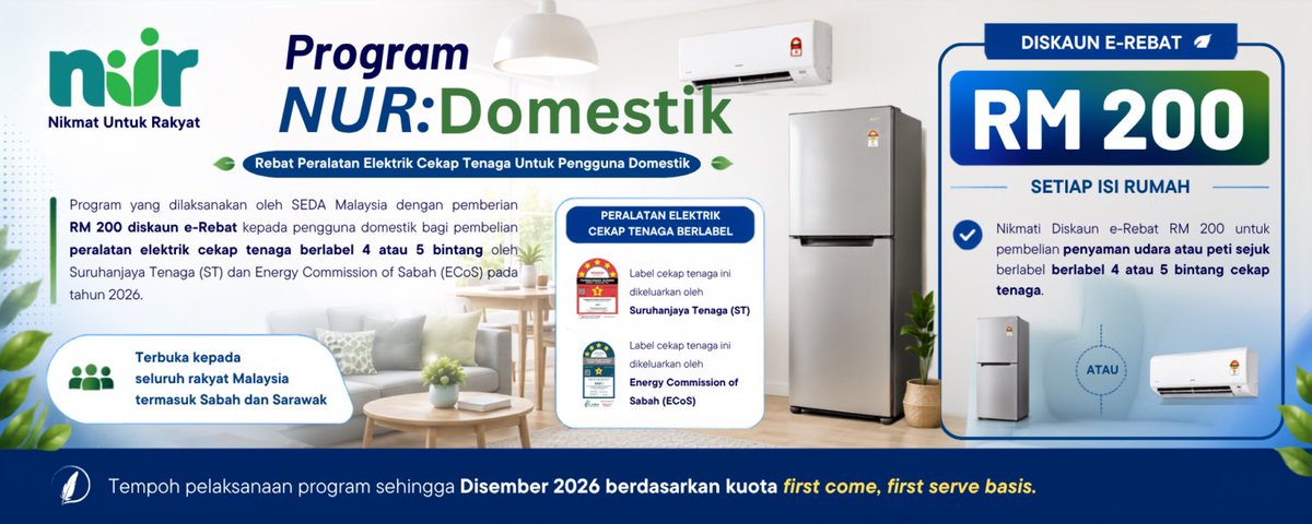 tech_lagi's tweet photo. Kerajaan kini umum rebat RM200 bagi pembelian penyaman udara atau peti sejuk.

Peralatan elektrik tersebut mestilah cekap tenaga berlabel 4 atau 5 bintang oleh Suruhan Tenaga.

Sekiranya berminat, korang boleh layari laman web https://t.co/gjqQfdVT6K

Sebarkan. https://t.co/QyALJseofB