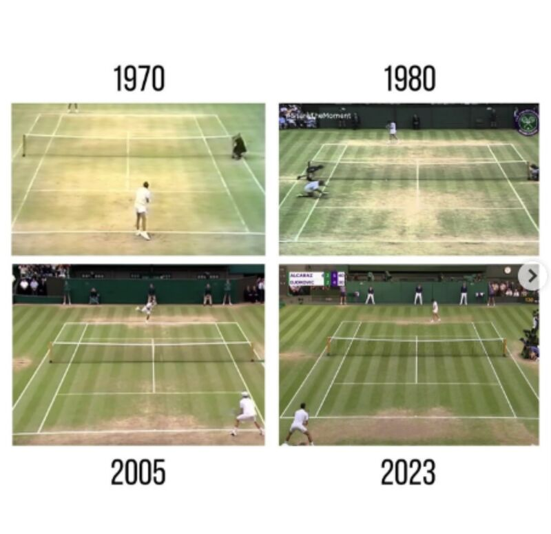 Djoko_UTD's tweet photo. The grass on Center Court at Wimbledon over the decades shows a change in the wear patterns. This transformation is not the result of new, more resilient turf or grounds keeping technologies, but due to changing racket technology.

In the era of wooden rackets, the heavy weight of the racket resulted in a "serve and volley" game. Given the impossibility of finishing a point from the back of the court, players resorted to volleying to win points at the net. 

With the shift from wooden rackets to modern materials, the game moved towards powerful baseline play. Today's players are taller, hit hard from both sides, serve aggressively, and finish points predominantly from the back of the court.