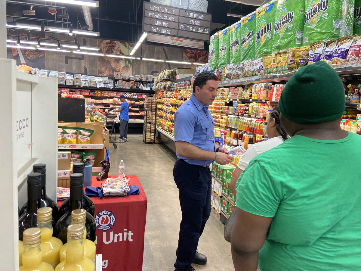 FDNY's tweet photo. In response to a fatal fire on Thursday, July 2, at 400 St. Nicholas Avenue in Manhattan, the FDNY's Fire Safety Education Unit is in the neighborhood sharing lifesaving information at CTown Market at 2395 Frederick Douglass Boulevard. Members will be there until 2 p.m. https://t.co/T0t3aduQoR