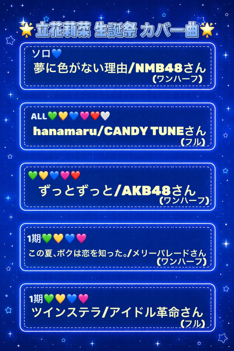 rina_kimihana's tweet photo. 🌟生誕祭カバー曲公開🌟

大好きな曲をカバーさせていただきます🪄
はじめて挑戦する曲と以前カバーさせていただいた曲です!みんなと練習頑張っているので当日はぜひコールでパワー送ってくださったら嬉しいです(*´˘`*)

1曲だけめいめいがお休み中に入れた曲なのでスケジュール的に不参加です🥲またみんなで出来たらいいなっ！！

ワクワクしてるけどそれ以上にドキドキなので緊張りなちです🐬当日まで頑張るよ〜！！