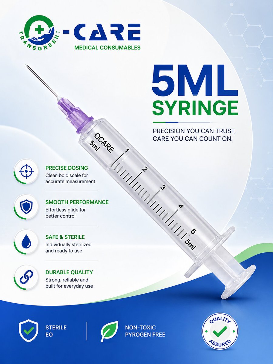 ocaremed's tweet photo. Accuracy you can count on. 💉

The O-CARE 5ML Syringe delivers smooth performance, clear graduations, and dependable quality for safe medication administration.

#OCare #5MLSyringe #MedicalConsumables #Healthcare #PatientSafety #MedicalSupplies https://t.co/JxuezhDjae