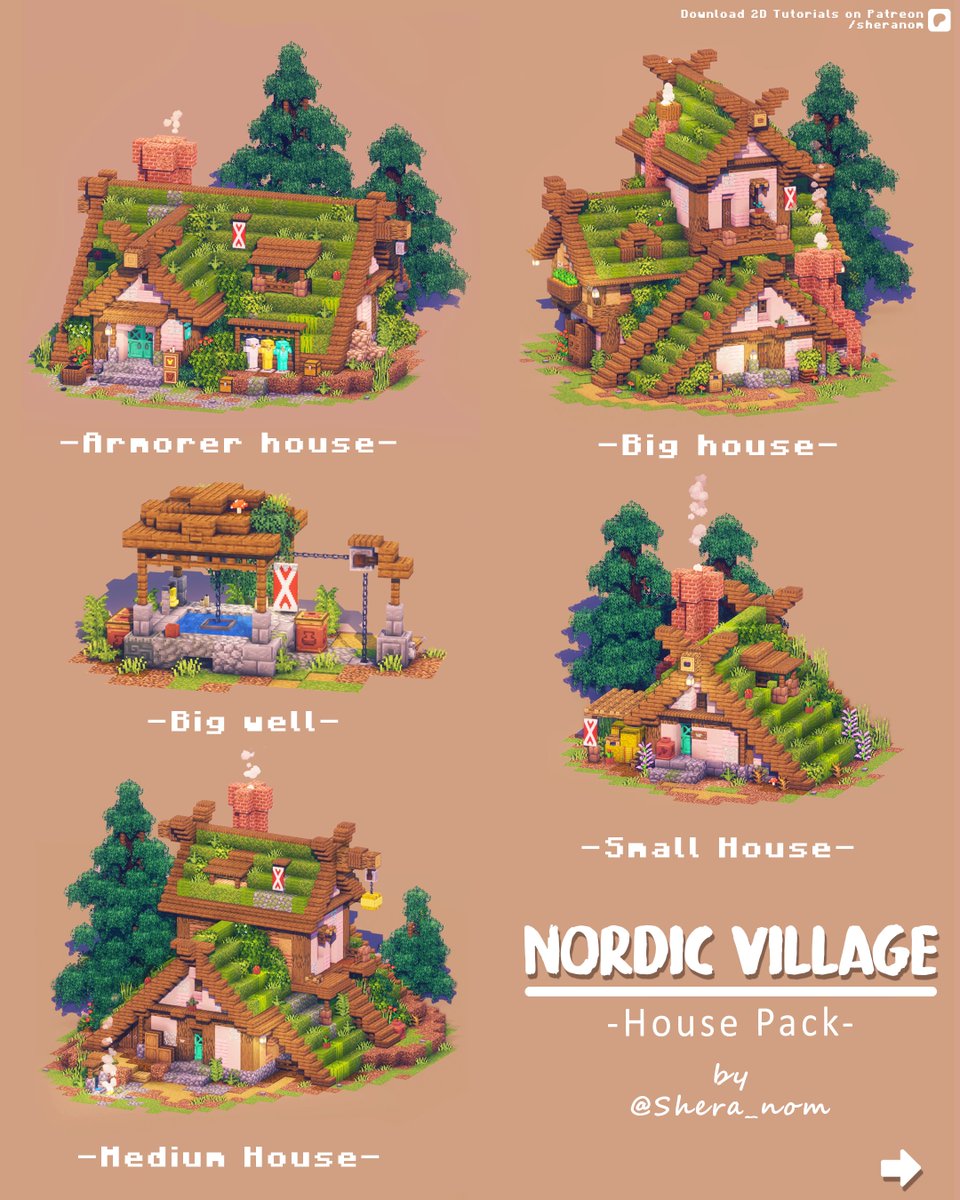 Shera_nom's tweet photo. A cozy small pack of 🌲Mossy Nordic Inspirated houses.  It's perfect for a spruce forest base!
💚 Like and follow for more builds!    
📷 Get a Blueprint tutorial PDF ( link in the bio ) #minecraft建築コミュ #Minecraft #minecraftart https://t.co/dtUPRKt7EV