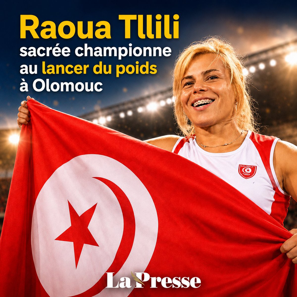LaPresseTunisie's tweet photo. 🇹🇳🏆 BRAVO RAOUA TLILI ! La Tunisie brille à Olomouc !

👉 Lire l'article :  https://t.co/a1aZcTDW4l

#Tunisie #RaouaTlili #ParaAthlétisme #FiertéTunisienne #Olomouc2026 #Sport #Handisport #Champions https://t.co/9xL2AEaZka
