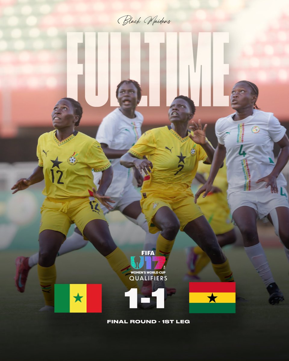 GhanaWNT's tweet photo. 90’ - ⏰ 

We recovered from trailing and produce a composed and disciplined performance in a  1-1 draw game in Dakar. 

All to play for in Accra, C’mmon Black Maidens!

🇸🇳 1:1🇬🇭 

#ShineBlackMaidens✨
#FIFAU17WWCQ https://t.co/qAEGndCL4l