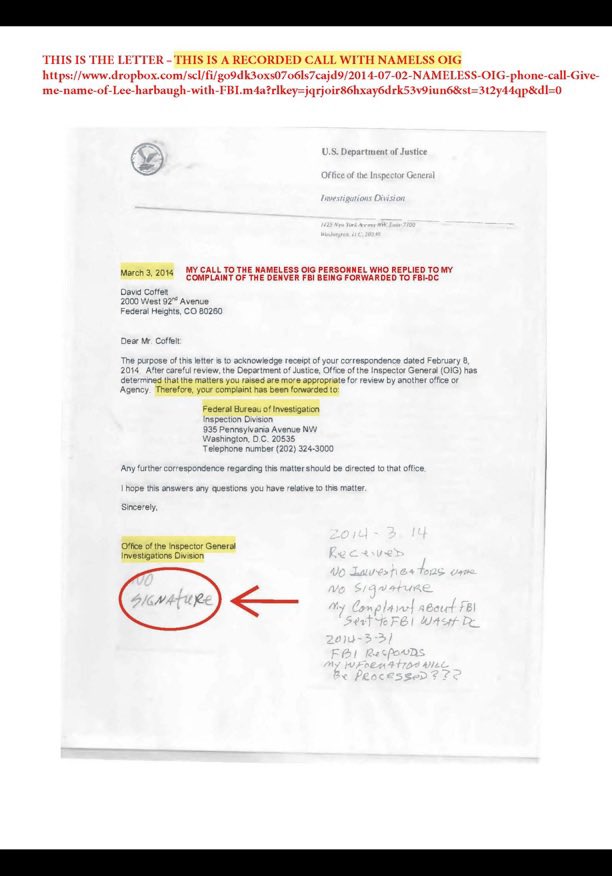 DavidCoffelt's tweet photo. Does this look like accountability from DOJ - OIG or coverup; and coverup of what and who? 

Here is my recording with CASPER of the OIG on 7/2/14 - 12 yrs ago yesterday - still no answers 

https://t.co/aWeR4oUX9f

@VP
@ACLJ
@realDonaldTrump
@SusieWiles47
@MHowellTweet
@AnnaRMatson
@MatthewTrag
@KevinRobertsTX
@DAGToddBlanche
@AAGDhillon
@EagleEdMartin

@CondemnedUSA
@RenzTom
@realtinapeters
@PeterTicktin
@ApolloPappas
@JamesOKeefeIII

@Govt_Acct_Inst
@peterschweizer
@jjauthor
@marcorubio
@MichaelRCaputo
@RealFreedomTalk 
@KevinRobertsTX
@thesamsorbo
@J6patriotnews @RealMariaEccles
@JohnW_Whitehead @Rutherford_Inst
@MelKShow
@jia2020

@pwilsondtf
@EmeraldRobinson
@nickshirleyy
@douglassmackey 
@FREEDOMPR0JECT 
@AliceMarieFree
@IntelStream 
@J6ssicaWatkins
@zach_rehl
@JohnStrandUSA
@DC_Draino

@GeneHamilton 
@DevonWesthill
@DineshDSouza @benfergusonshow 
@GuntherEagleman 
@NickRogersBTL