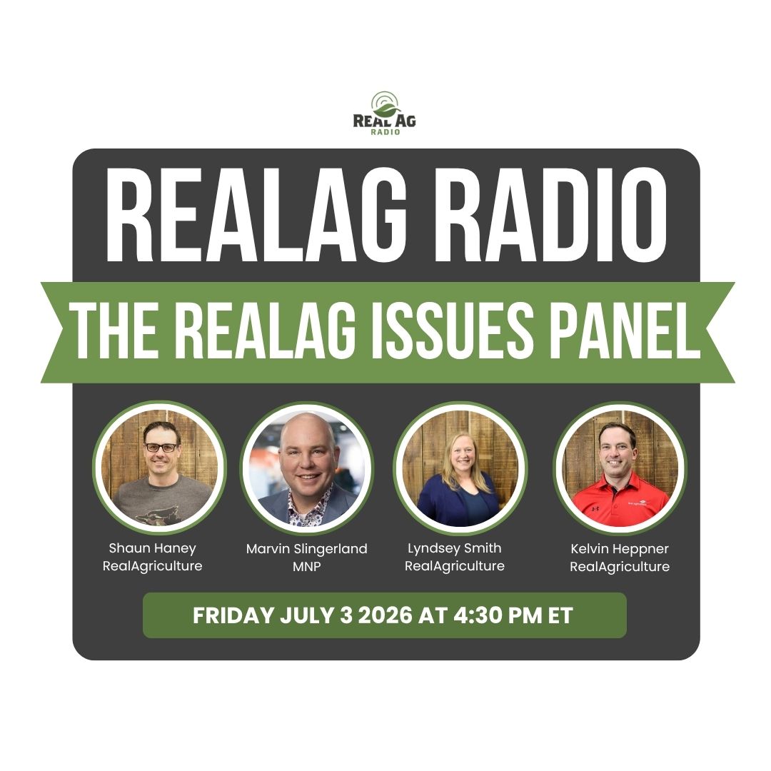 realagriculture's tweet photo. Tune in to today's #RealAgRadio at 4:30 E on @RURALRADIO147! Host @ShaunHaney is joined by @KelvinHeppner and @RealLoudLyndsey of RealAg and @marvin_sl_CPA of @MNP_LLP for the #RealAgIssuesPanel and @AnneWasko of Gateway Livestock Exchange for a Beef Market Update! https://t.co/d5EPA3hEic