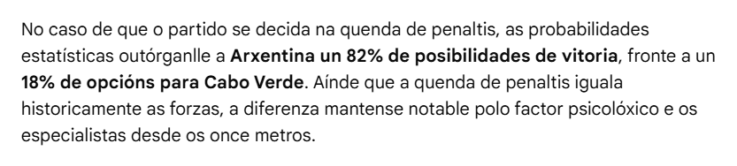 Xoan_Bascuas's tweet photo. A Cabo Verde dábanlle o 1% de probabilidades de pasar á dezaseisavos de final.

Hoxe a IA díme que conta co 3,9% de probabilidades de gañarlle a Arxentina ao final dos 90 minutos.

Se hai prórroga, a porcentaxe sube ao 10,6%.

E se hai penaltis, un 18%.

Xa se verá. https://t.co/3o78sHLsRs