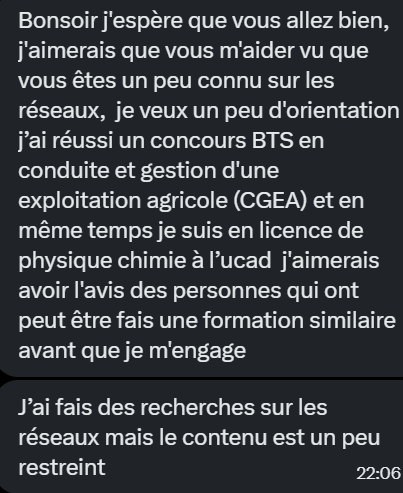 Assane_Fall_Off's tweet photo. 🚨SVP🚨
📢Votre avis peut vraiment aider cette personne.

Si vous avez fait un BTS CGEA, étudié à l'UCAD ou connaissez les débouchés de cette filière, prenez une minute pour lui répondre. 🙏

Un partage peut aussi lui être utile.

#Senegal #Orientation #UCAD #BTS #CGEA https://t.co/yuuYDILisd